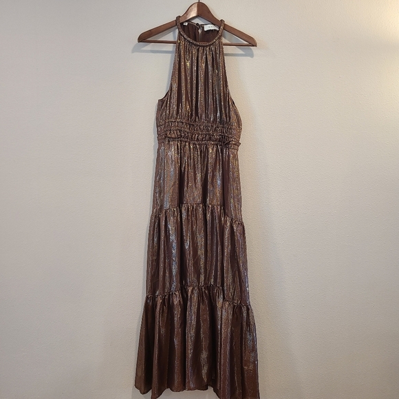 ALC Elara Tiered Silk Metallic Bitter Chocolate Maxi Dress - Picture 4 of 9